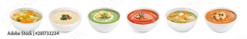 Set of different fresh homemade soups on white background. Banner design