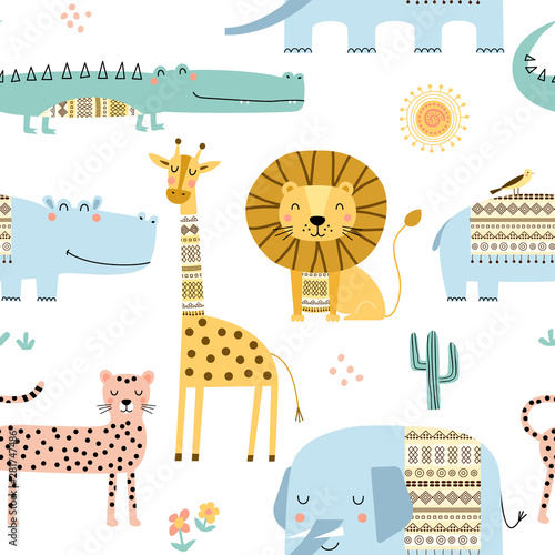 Seamless childish pattern with cute African animals. Scandinavian style kids texture for fabric, wrapping, textile. Vector illustration.