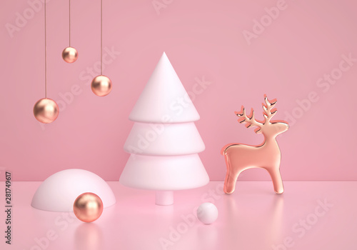 Abstract winter scene with christmas tree and golden deer on pink background