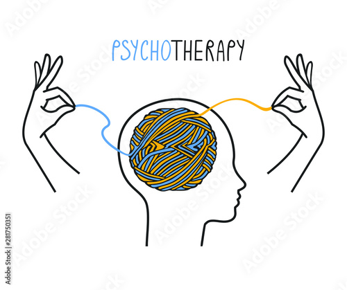 Concept illustration of psychotherapy with hands disentangling a knot, tangled thread. Vector Illustration.