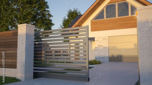 Automatic Sliding Gate and house, 3d illustration