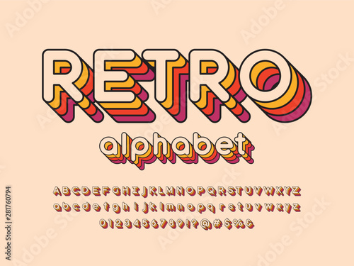 Retro style alphabet design with uppercase, lowercase, number and symbols