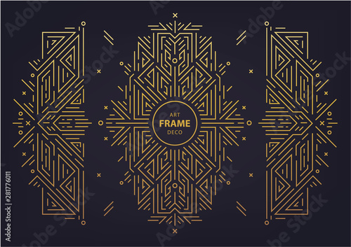 Set of vector Art deco golden borders, frame. Creative templates in style of 1920s. Trendy cover, graphic poster, gatsby brochure, design, packaging and branding. Geometric shapes, ornaments