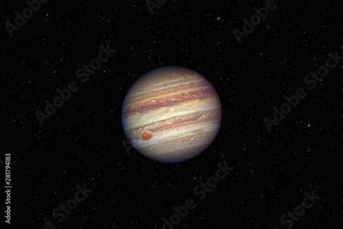 Planet Jupiter against dark starry sky background in Solar System, elements of this image furnished by NASA