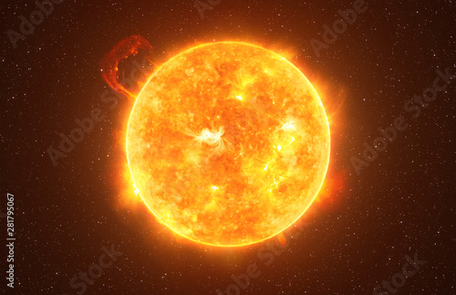 Bright Sun against dark starry sky in Solar System, elements of this image furnished by NASA