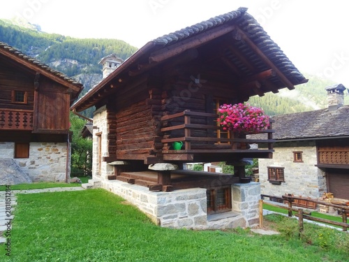 The architecture of the small town of Macugnaga and its hamlets, in the Italian Alps - July 2019.