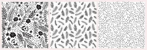 Doodle floral vector pattern set. Seamless backgrounds with hand drawn flowers, leaves, branches and dots. Graphic monochrome black and white design.