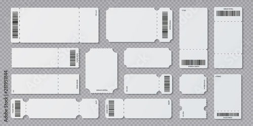 Empty ticket template. Concert movie theater and boarding blank white tickets, lottery coupons with ruffle edges. Vector isolated modern coupon set for travelling festival airplane