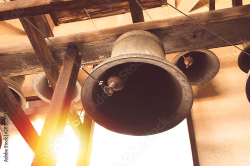 vintage church bell under tower old christian church in Thailand.