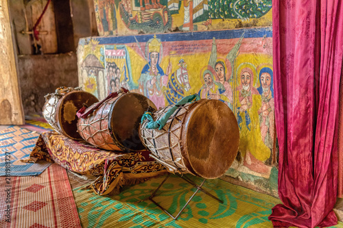 Ceremonial drum covered with cow skin. Zege Peninsula in Lake Tana. UNESCO Ura Kidane Mehret Church, monastery from 14th century.