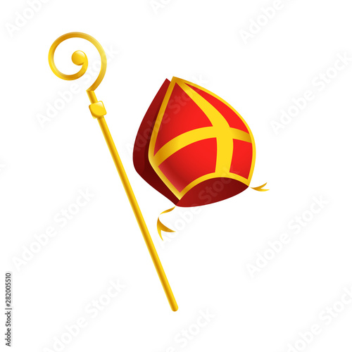 Saint Nicholas or Sinterklaas attributes mitre and golden crosier stick - isolated on white background