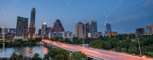 Panormaic View of Austin Skyline At Dawn with City Lights On