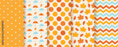 Autumn pattern. Vector. Seamless texture with fall leaves, polka dot, umbrella and zig zag. Seasonal geometric prints. Cute abstract backgrounds. Colorful cartoon illustration. Set orange wallpapers.