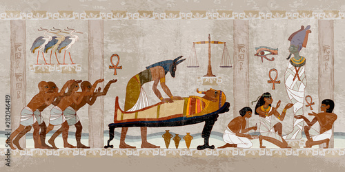 Ancient Egypt. Mummification process. Concept of a next world. Anubis and pharaoh sarcophagus. Egyptian gods, mythology. Hieroglyphic carvings. History wall painting, tomb King Tutankhamun