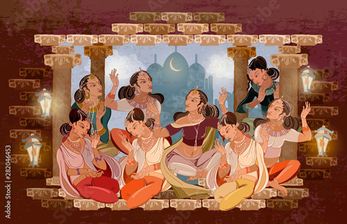 East murals. Women in national national ethnic clothes. Arabic frescos. Fashion islamic princesses. Scheherazade tell fairy tales in moonlight night. Beautiful indian girls in harem. Culture of India