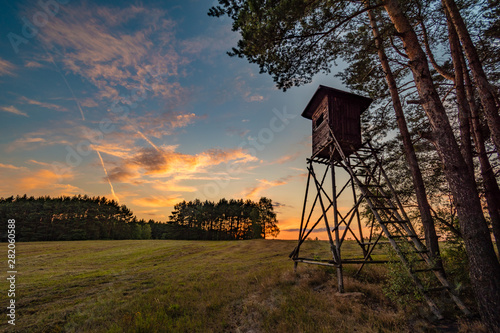 Deer stand (tree stand) beside field and forest at sunset light, Czech republic