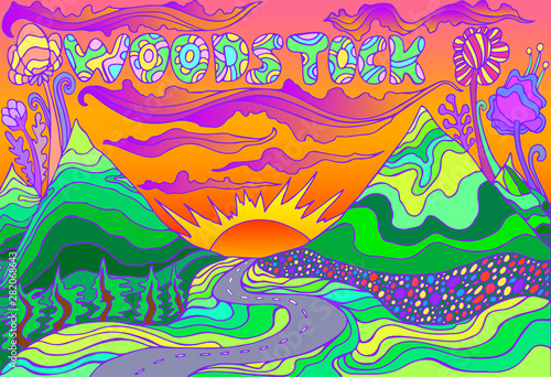 Colorful landscape with inscription Woodstock, and landscape with mountains, the sun and the road going into the sunset. Vector hand drawn illustrations.