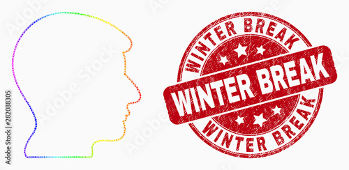 Dot rainbow gradiented operator head mosaic icon and Winter Break stamp. Red vector rounded textured seal stamp with Winter Break phrase. Vector composition in flat style.