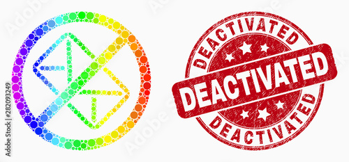 Dotted rainbow gradiented stop letter mosaic pictogram and Deactivated seal stamp. Red vector round distress seal with Deactivated title. Vector combination in flat style.