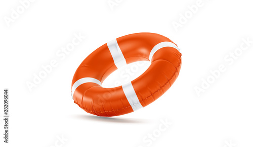 Blank red lifebuoy no gravity mock up isolated, 3d rendering. Empty flotation ring mockup. Clear round lifesaver for flotation on water. Sos inflatable circular template.