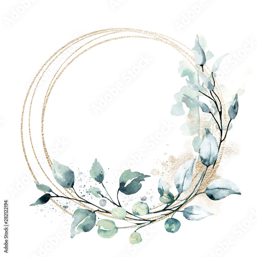 Leaves gold frame wreath border. Watercolor hand painting floral geometric background. Leaf, plant, branch isolated on white background.