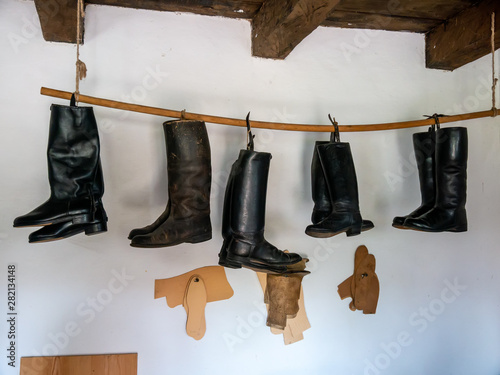 View on leather boots hanged