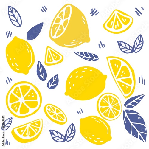 The seamless pattern of lemon and leaf. the part of lemon and leaf. the pattern backgroung of yellow lemon on white background. cute lemon in flat vector style.