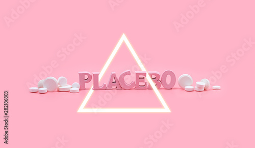 placebo pills create concept. white Pills and word "placebo" in a glowing neon triangle on pink background. Placebo pills, fake medical treatment. Placebo effect. copy spase
