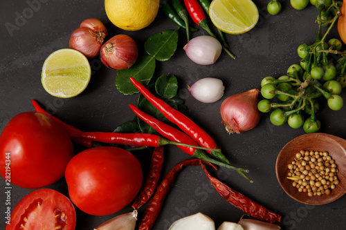 Thai kitchen. Various herbs, spices and Ingredients on dark background. Top view with copy space