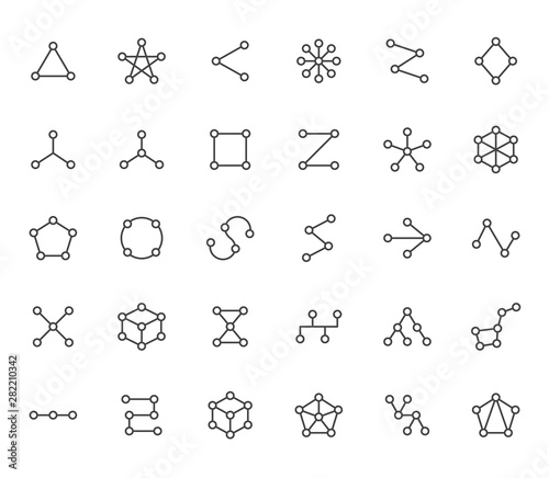 Abstract geometrical flat icons set. Circles connected with lines shapes, variety concept, topology network vector illustrations. Outline signs website category. Pixel perfect 64x64. Editable Strokes