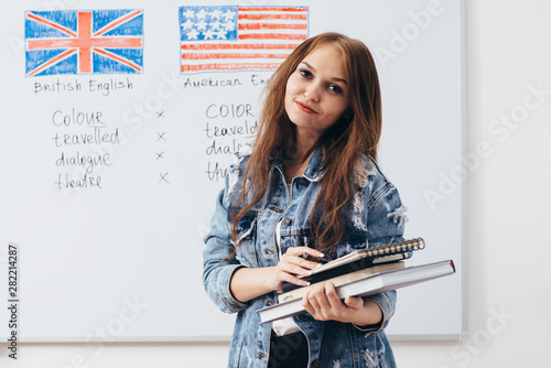 Female student looking at camera. English language school.