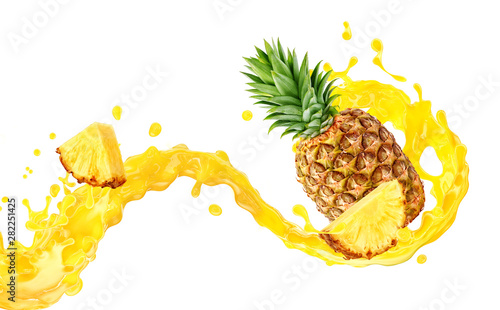 Fresh ripe pineapple, slice and pineapple juice 3D splash wave. Healthy food or tropical fruit drink liquid ad label design. Tasty pineapple juice or smoothie splash isolated, vitamin cocktail concept
