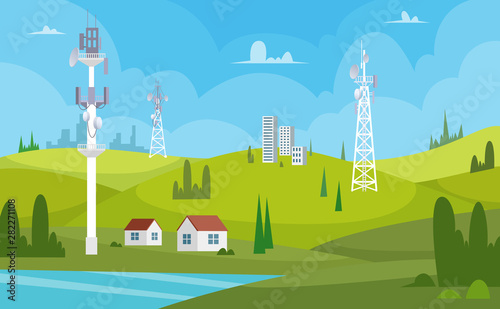 Communication towers. Wireless antennas cellular wifi radio station broadcasting internet channel receiver vector cartoon background. Illustration of connection antenna wireless, signal transmitter