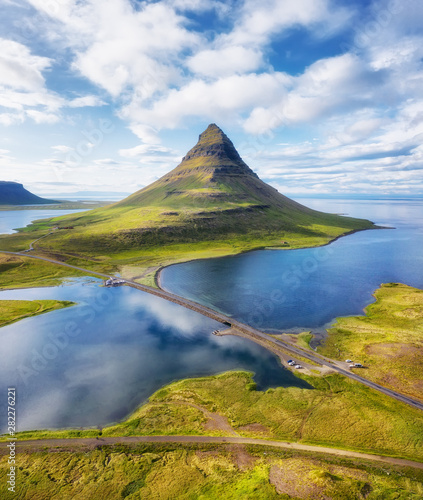 Iceland. Aerial view on the mountain and ocean. Landscape in the Iceland at the day time. Famous place in Iceland. Landscape from drone. Travel - image