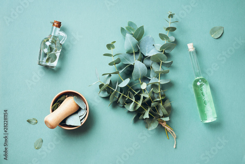 Bowl, bottles of eucalyptus essential oil, mortar, bunch of fresh eucalyptus branches on green background. Natual organic ingredients for cosmetics, skin care, body treatment