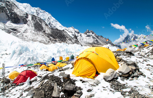 Mount Everest base camp, tents, Khumbu glacier and mountains, sagarmatha national park, trek to Everest base camp - Nepal Himalayas