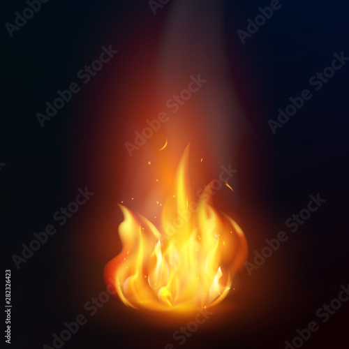 Realistic fire flame on dark background. Isolated vector illustration