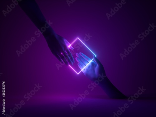 3d render, abstract minimal neon background, mannequin hands interacting, pink blue glowing geometric square shape, ultraviolet light, fashion concept, virtual reality