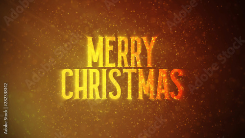 "MERRY CHRISTMAS" text in front of beautiful golden particles, glitters background. Greeting Christmas with shiny bokeh background.