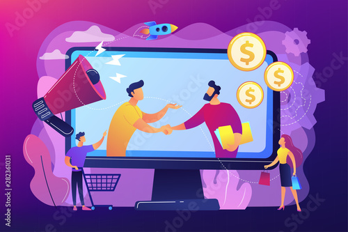 Profitable partnership, business partners cowork. Affiliate marketing, cost effective marketing solution, affiliate marketing management concept. Bright vibrant violet vector isolated illustration