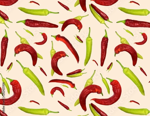 Seamless pattern red and green peppers on bright background. Illustration for Your Design, Wrapping Paper, Web, Wallpaper, Fabric