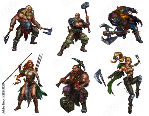 Big set of viking warriors with shields and swords and axes dwarf realistic isolated illustration.