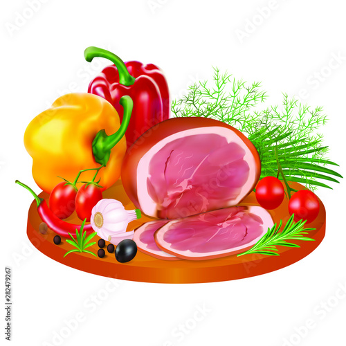 Illustration of a piece of smoked meat in spices with colorful peppers, tomatoes, garlic on a wooden chopping Board isolated on white