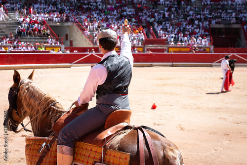 Picador bullfighter on horseback in Pamplona bullring, Spain