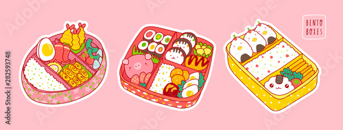 Hand drawn bento boxes. Japanese lunch box. Various traditional asian food. Take-out or home-packed meal. Set of three colored trendy vector illustrations. Kawaii anime design. Pre-made stickers