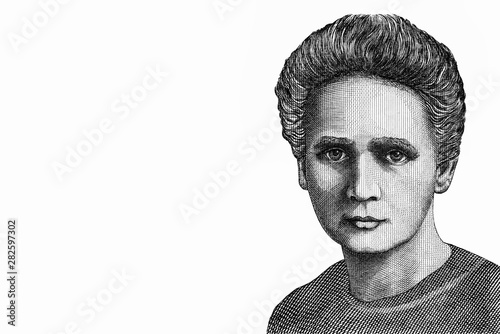 Marie Skłodowska Curie portrait. Poland 20,000 Zlotych banknote. was a Polish and naturalized-French physicist and chemist who conducted pioneering research on radioactivity. Collection.