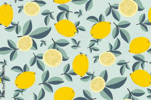 Tropical seamless pattern with yellow lemons. Fruit repeated background. Vector bright print for fabric or wallpaper. Hand drawing illustration in pastel colours. Perfect design