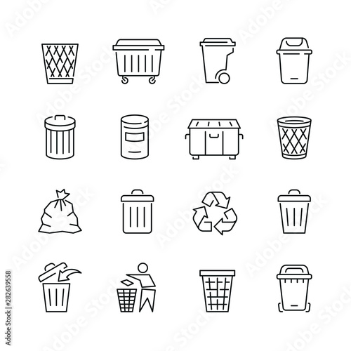 Trash can related icons: thin vector icon set, black and white kit