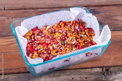 strawberry and rhubarb oatmeal bars baked