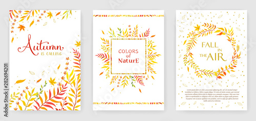 Autumn color invitation with floral branches. Autumn cards templates for save the date, wedding invites, greeting cards